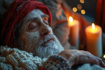 An elderly man with a red turban gazes serenely with a flickering candle in the background, creating a peaceful and mysterious ambiance