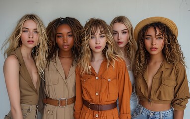cinque giovani modelle di diversa etnia vestite con abiti dai colori autunnali
