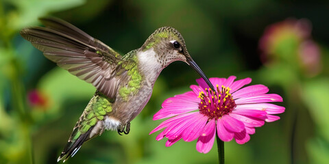 Fototapeta premium A hummingbird with iridescent feathers is feeding from a bright pink flower