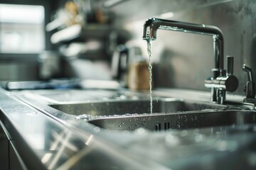 A kitchen sink with water running out of the faucet. Suitable for home improvement and plumbing concepts. - obrazy, fototapety, plakaty