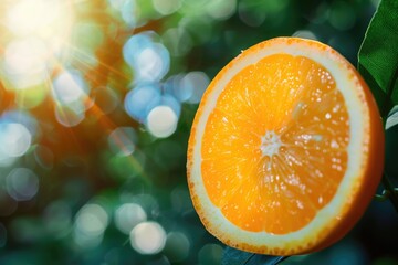 A vibrant orange fruit hangs delicately on a branch, bathed in sunlight. The citrus aroma wafts through the air, promising freshness and sweetness
