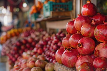 A display featuring a variety of ripe apples and other fresh fruits beautifully arranged at a market stall, showcasing natures abundant harvest