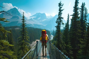 A person courageously walks across a suspension bridge suspended high above a lush forest, surrounded by the beauty of nature and the thrill of adventure - obrazy, fototapety, plakaty
