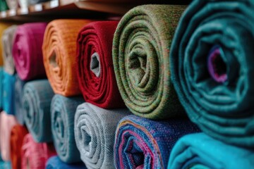 A pile of vibrant towels stacked on top of each other. Perfect for home decor or spa themes.