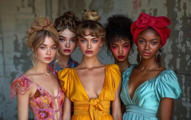 cinque giovani modelle di diversa etnia vestite con abiti lunghi dai colori sgargianti