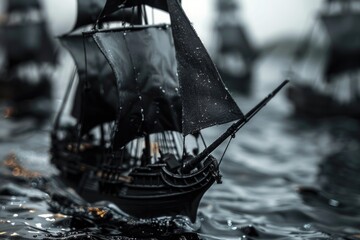 A detailed model of a pirate ship floating in water. Ideal for educational projects and historical presentations. - obrazy, fototapety, plakaty
