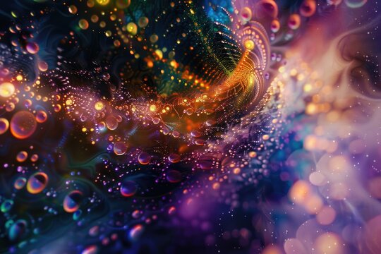 A vibrant and lively composition of colorful abstract bubbles bursting with energy and shimmering with fractal patterns, creating a mesmerizing display of light and movement
