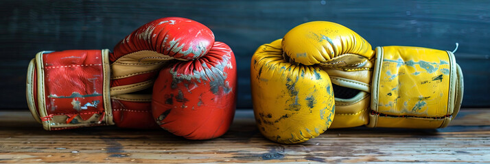 A collection of vintage boxing gloves arranged on a wooden surface - obrazy, fototapety, plakaty