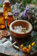natural holistic medicinal ingredients and capsules in a bowl