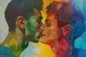 Two men kissing passionately, showcasing love and affection in a beautiful painting