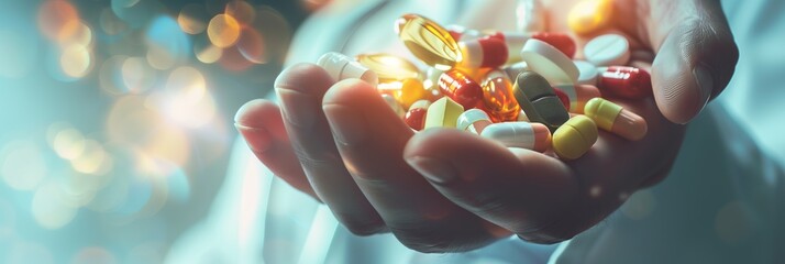 a doctor holding various drugs, pills, tablets and medicine in their outstretched hand - obrazy, fototapety, plakaty