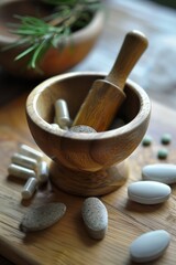 mortar and pestle with medicinal ingredients and capsules 