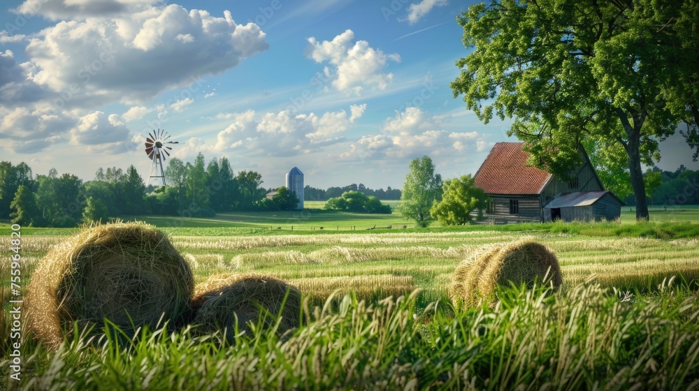 Aufkleber scenic view of hay bales in field with windmill in background. ideal for agricultural concepts.