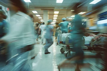 Fotobehang A group of dedicated healthcare professionals rush through a blurry hospital setting, attending to patients and managing the chaos of the emergency room with urgency and focus © Konstiantyn Zapylaie