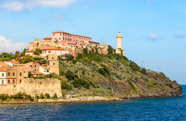 Fototapeta na wymiar Elba island panoramic view of harbor of Portoferraio, Livorno, Tuscany, Italy.