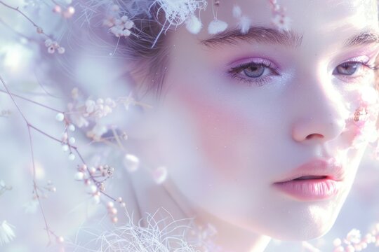 A woman with delicate white flowers in her hair exudes serenity and grace, embodying a sense of natural beauty and elegance