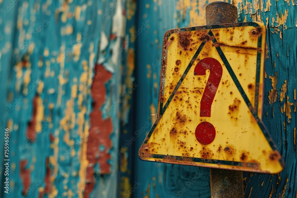 Poster An old rusted sign featuring a question mark symbol. Ideal for use in projects related to mystery or confusion.