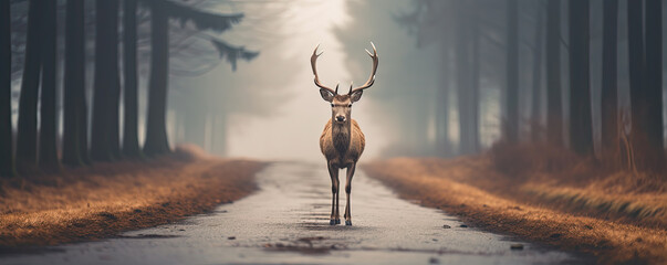 deer standing proudly on a forest misty road