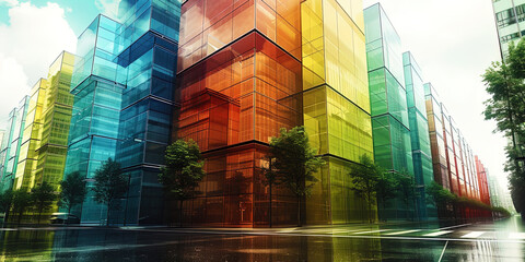 Painting of a vibrant building in various colors being rained upon