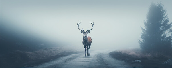 deer standing proudly on a forest misty road