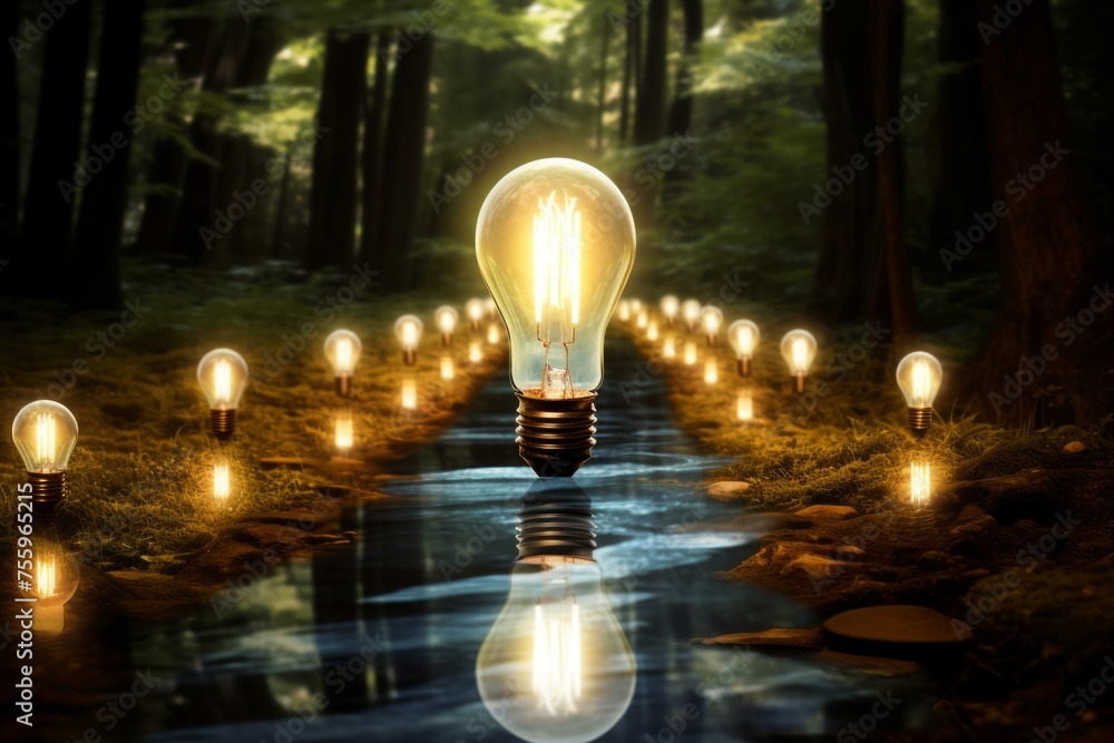 Poster a creative composition of a floating light bulb illuminating a path to creativity