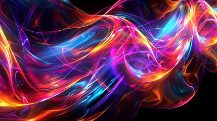 A mesmerizing display of vibrant colors and dynamic shapes in a 3D neon glass abstract, set against a sleek black backdrop
