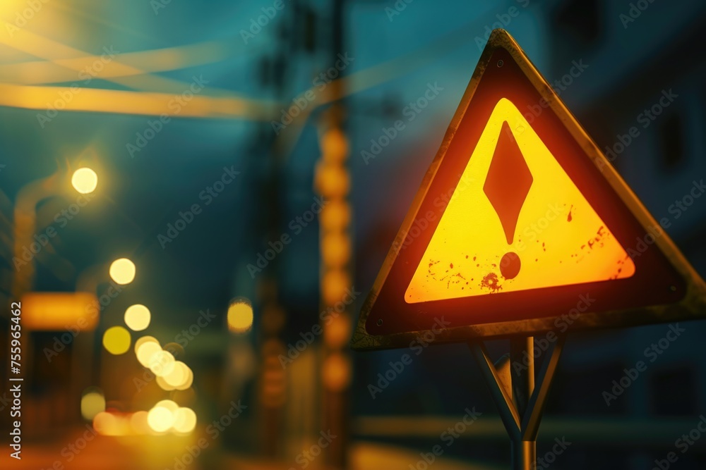 Poster a yellow warning sign placed on the side of a road. suitable for traffic safety concepts.