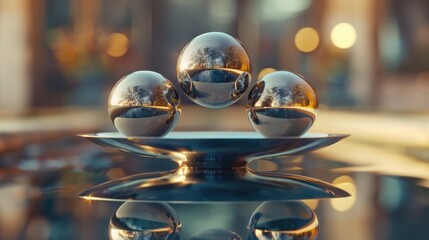 A group of spheres resting on a glass table. Suitable for interior design concepts. - obrazy, fototapety, plakaty