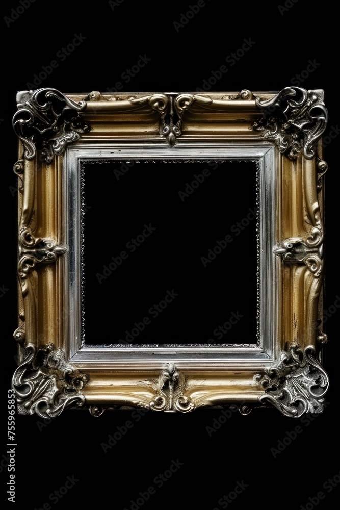 Poster Elegant silver and gold picture frame on a sleek black background. Perfect for adding a touch of sophistication to any design project.