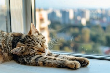 A cat peacefully sleeping on a window sill. - obrazy, fototapety, plakaty