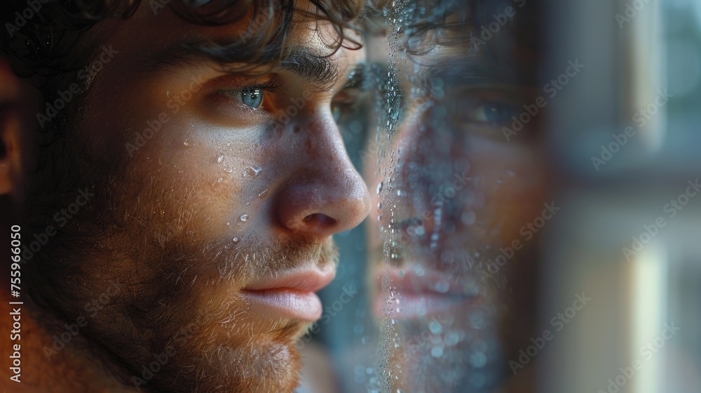 Aufkleber a close up of a man looking out a window. suitable for various concepts and themes.