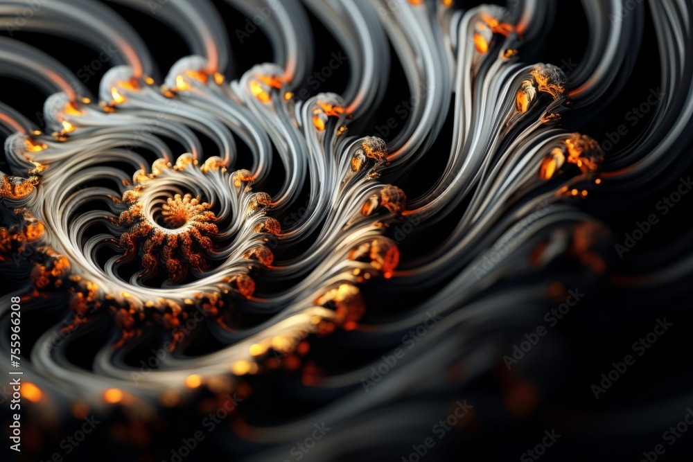 Poster a fluid motion shot of a 3d fractal spiral unfolding into intricate patterns
