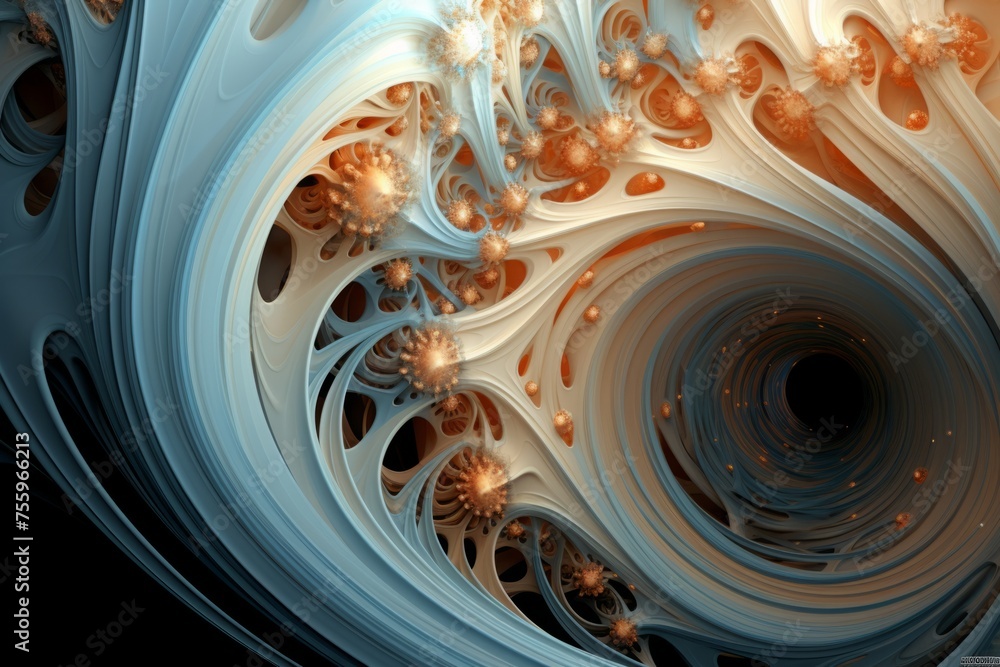 Poster a fluid motion shot of a 3d fractal expanding and contracting with mesmerizing intricacy