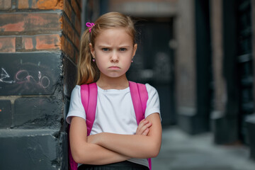 Little grumpy girl standing with her arms crossed in front of school in street. Angry tired child has problem in school. Emotions, stress, learning difficulties
