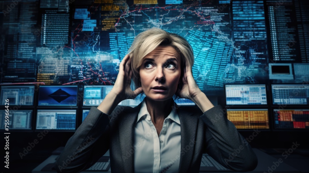 Poster tech analyst study cyber data chart from corporate system for statistical analytic defining marketin