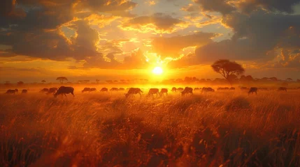 Zelfklevend Fotobehang A vast savannah with nomadic tribes and roaming wildebeests © Vodkaz