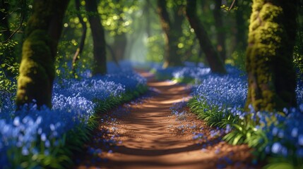 A winding forest pathway covered with bluebells under a canopy of trees