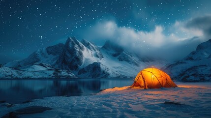 An arctic explorers camp under a sky full with stars