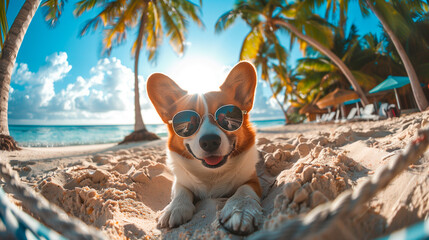 A corgie on the beach, dog is ready for holidays