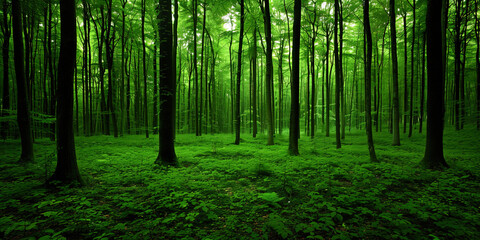 A thick forest teeming with a variety of trees creating a lush green landscape