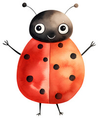 Watercolor illustration of a cartoon ladybug. Naive simple scandinavian style insects. Cute animals. Transparent background, png
