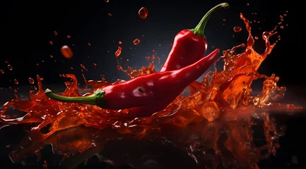 Fotobehang a red hot chili peppers in a splash of liquid © Anastasia