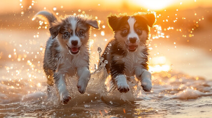 two australian shepherd puppies playing in the water
