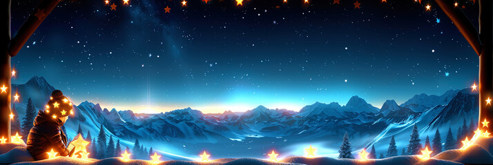 Stage with lights shining onto snow-covered mountains in the background - obrazy, fototapety, plakaty