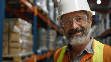 A man wearing a hard hat and safety glasses. Suitable for construction industry concepts.