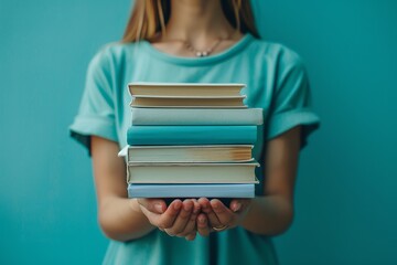 Elegantly holding a stack of books, a woman's hands are captured against a light blue setting, beautifully illustrating the blend of education, hobby, and relaxation in a serene composition