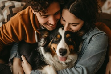 A couple sitting on a couch, cuddling with their dog.