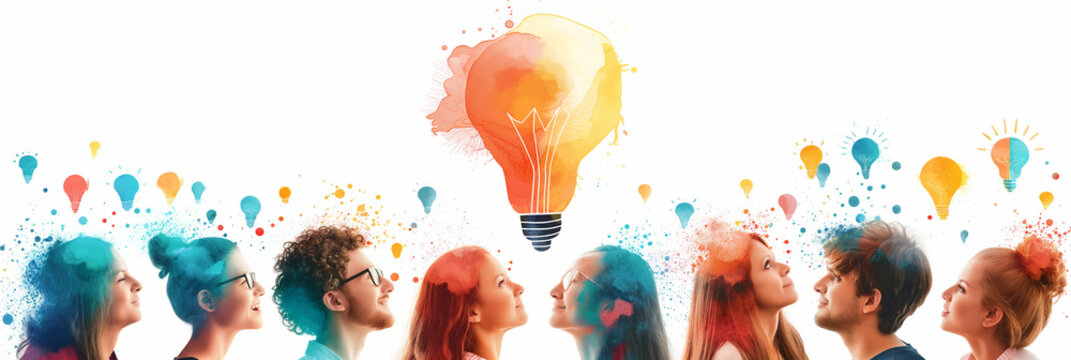 Diverse minds unite under a central idea bulb, symbolizing teamwork and creativity