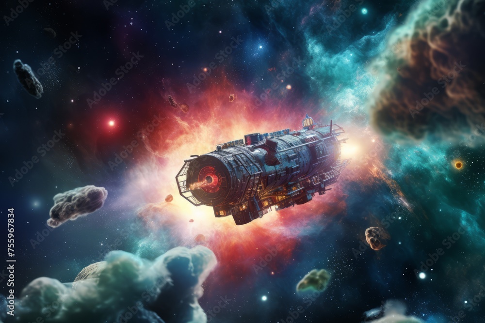 Poster a spacecraft entering a colorful nebula in deep space