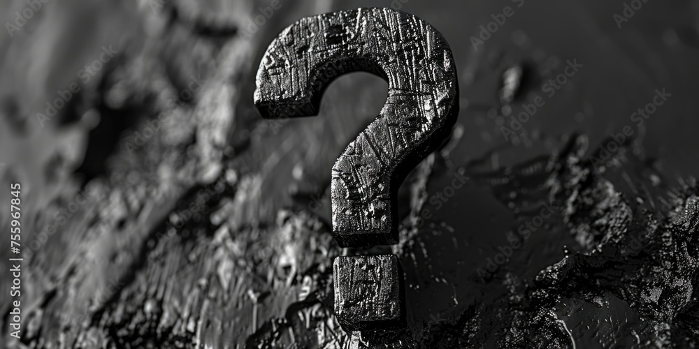 Poster a striking black and white photo of a wooden question mark, perfect for adding a touch of mystery an